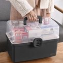 Donkergrijze medicijnkist met transparant deksel, handvat en vakjes, met een slotje. Bevat medicijnen en benodigdheden.