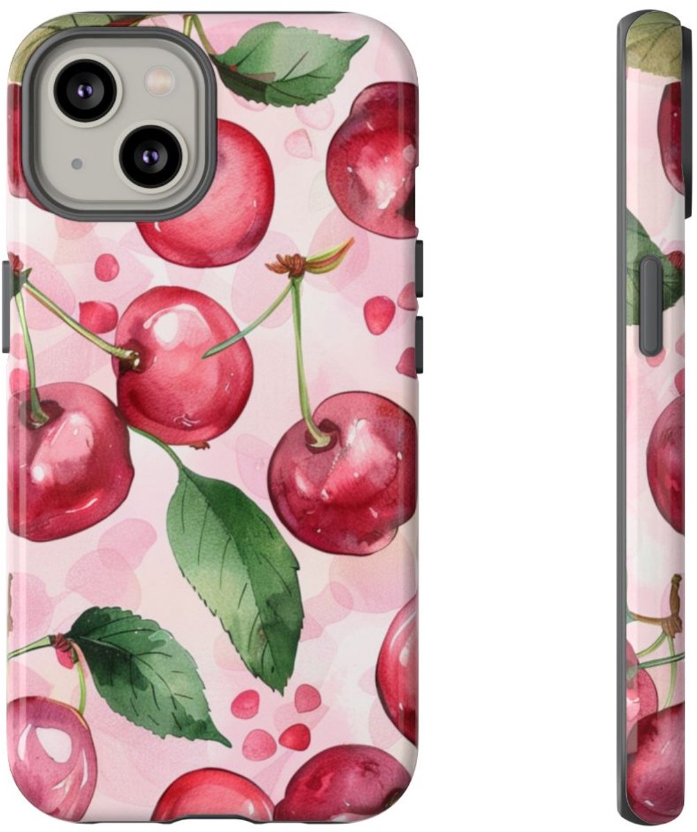 Aquarel Kersenpatroon – Glanzend Stevig Telefoonhoesje Geschikt voor iPhone 14