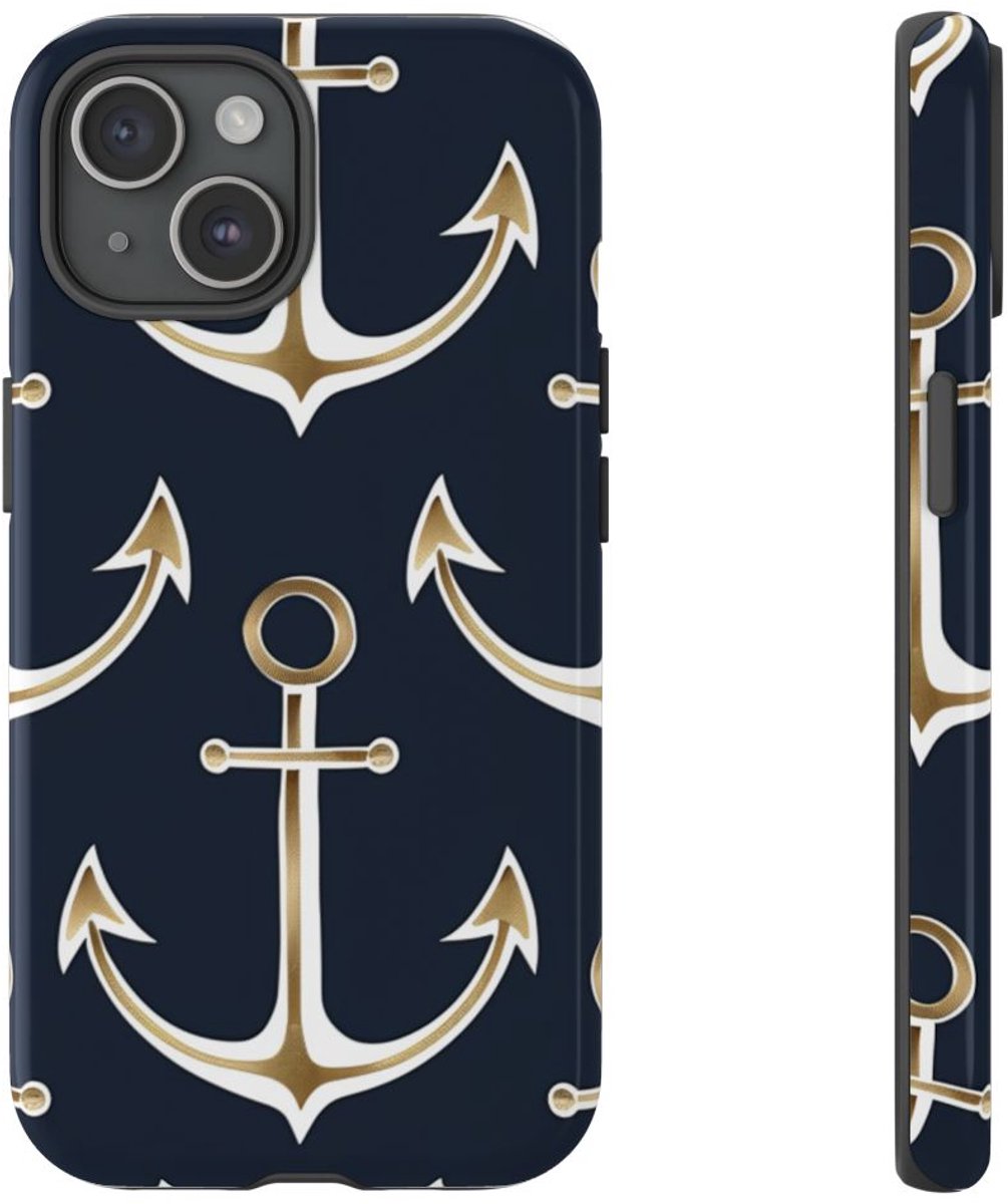 Gouden Ankers op Donkerblauwe Achtergrond – Telefoonhoesje Geschikt voor iPhone 15
