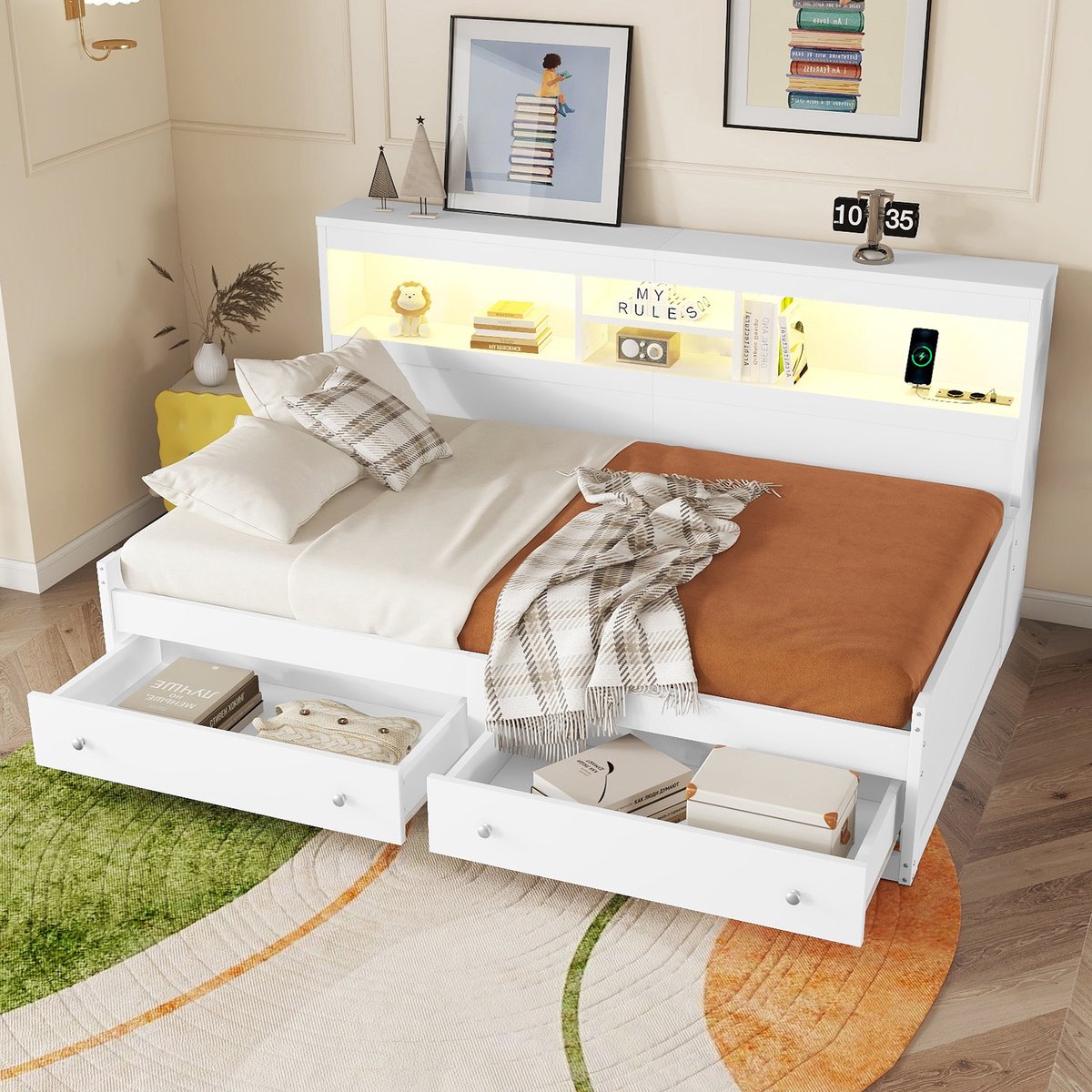 Merax Slaapbank 90x200cm - nachtkastje - bed met USB en oplaadaansluiting - met LED-verlichting - met twee lades - zonder matras - wit