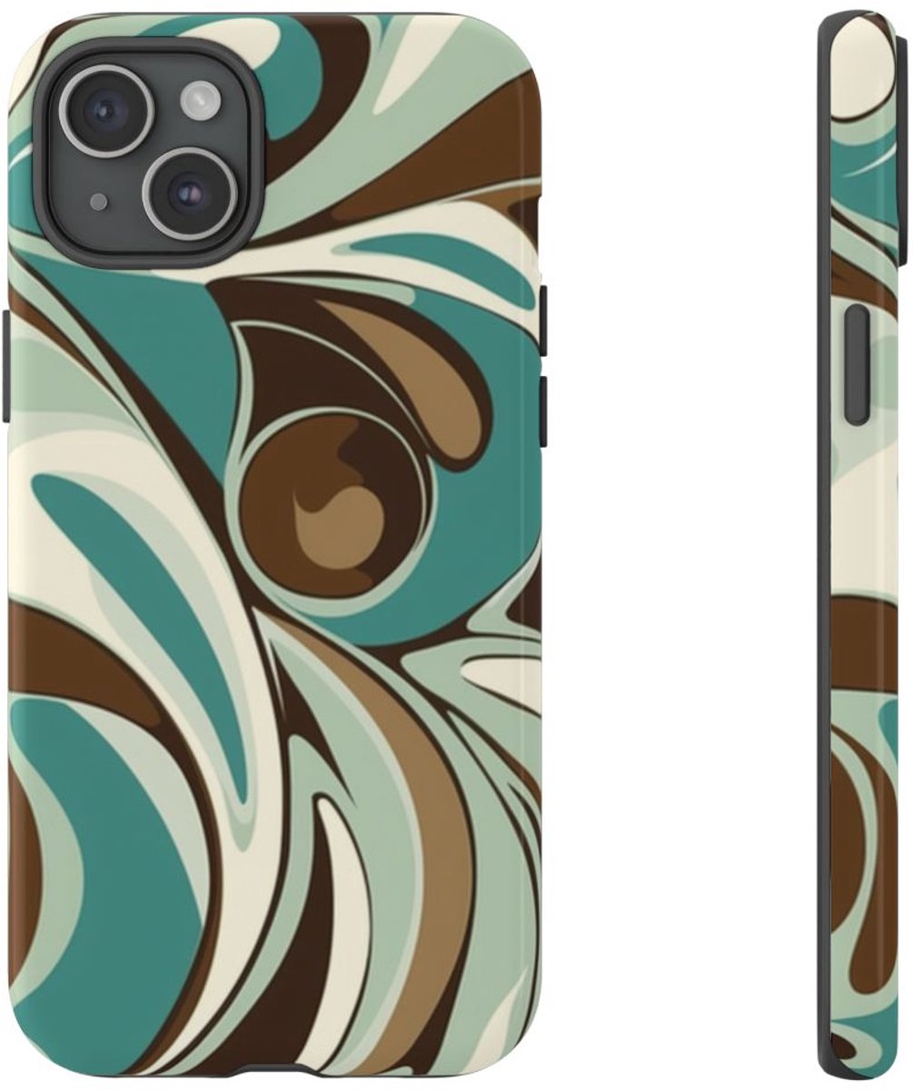 Abstracte Swirl in Teal en Bruin – Telefoonhoesje Geschikt voor iPhone 15 Plus