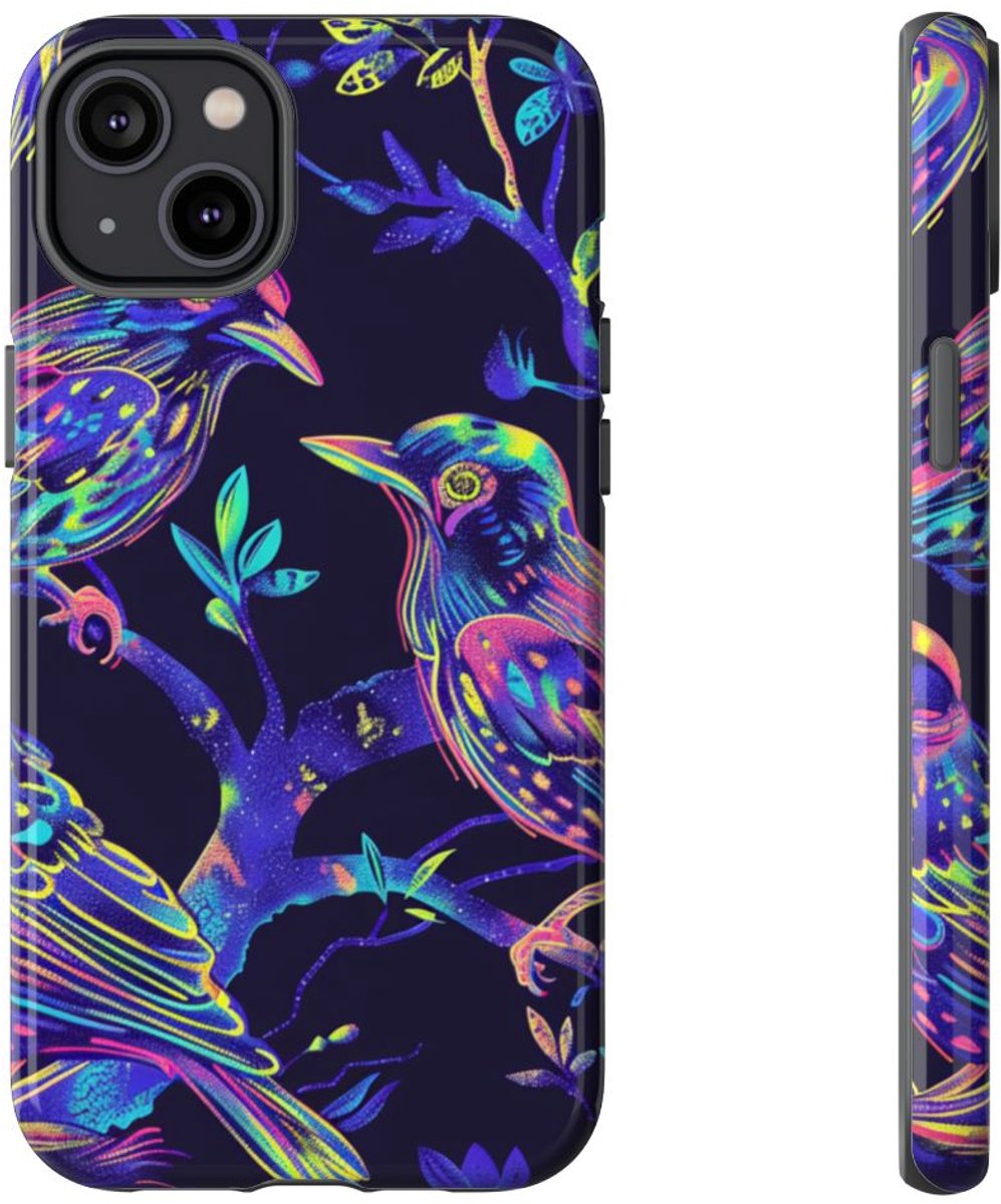 Neonkleurige Vogels op Takken – Telefoonhoesje Geschikt voor iPhone 14 Plus