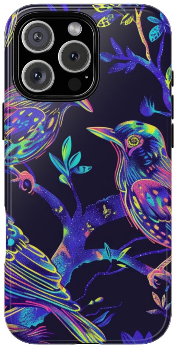 Neonkleurige Vogels op Takken – Telefoonhoesje Geschikt voor iPhone 16 Pro Max