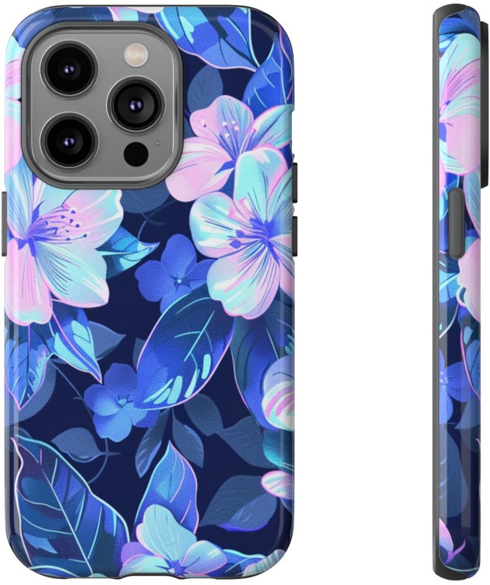 Blauw-Roze Bloemenpatroon – Telefoonhoesje Geschikt voor iPhone 14 Pro