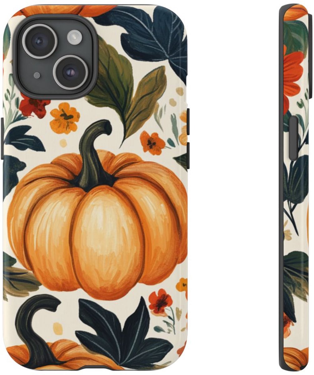 Herfst Pompoen en Bloemenpatroon – Telefoonhoesje Geschikt voor iPhone 15