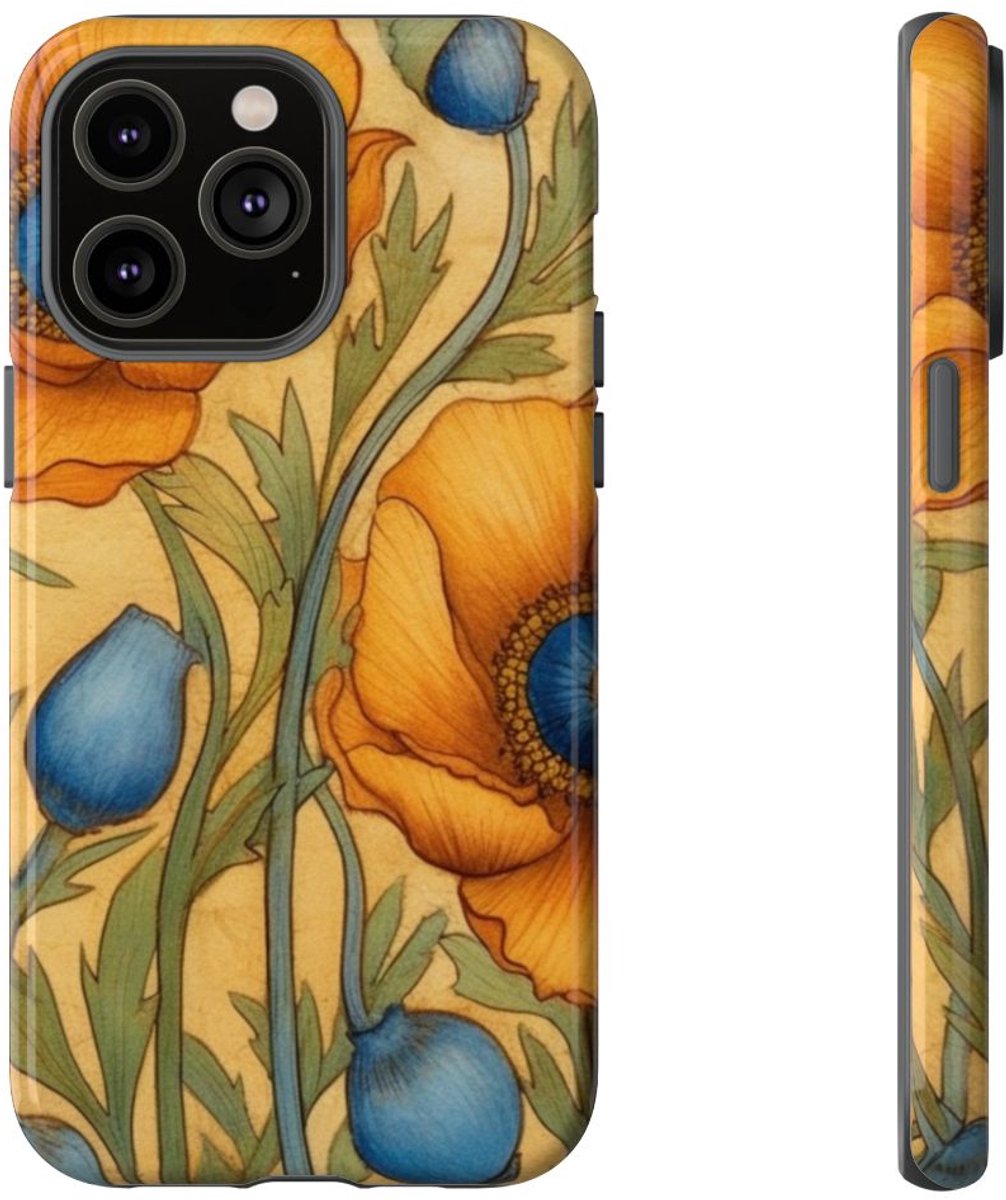 Gouden Klaprozen met Blauwe Harten – Telefoonhoesje Geschikt voor iPhone 14 Pro Max