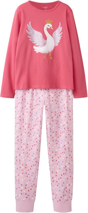 Meisjes pyjamaset: roze top met zwaan en roze broek met hartjesprint.