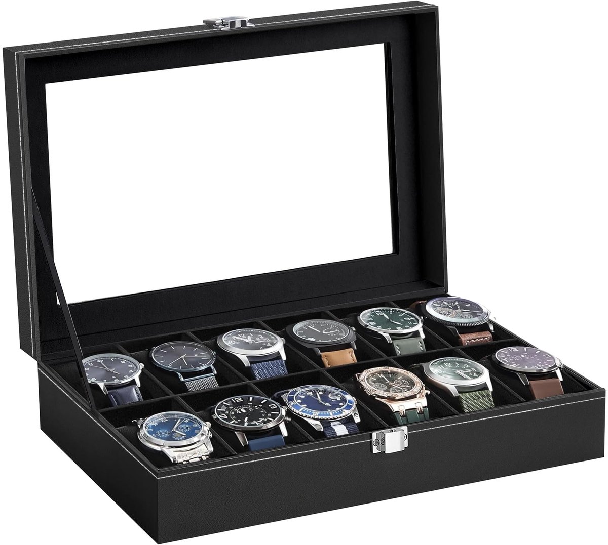 BBLTIFF Horlogebox, Horlogekast met uitneembare horlogekussentjes, Horlogekast voor 12 horloges van PU-leer, Horlogeopberger Horlogebox met glazen deksel voor heren en dames (zwart)
