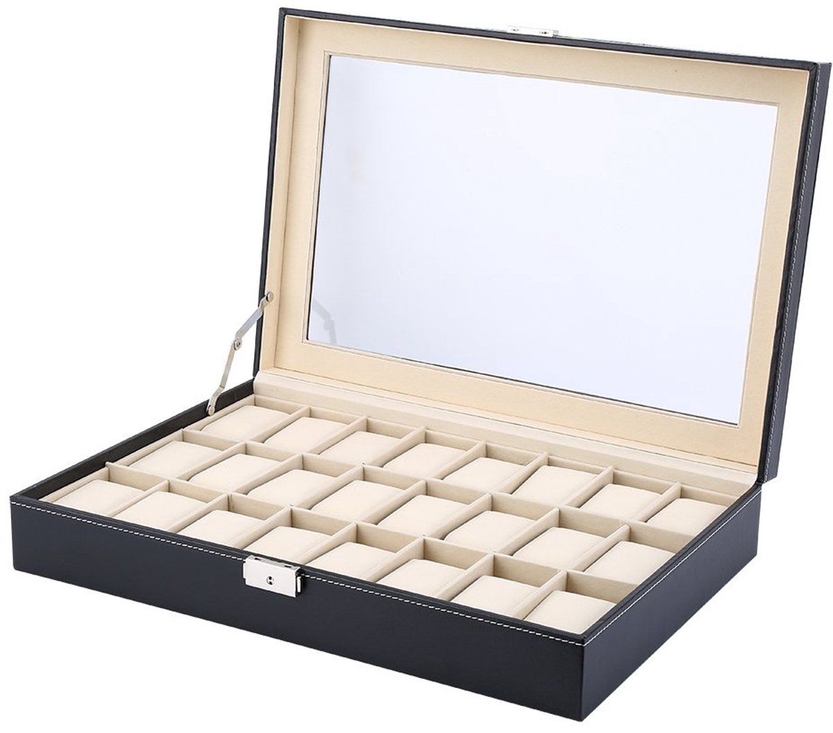 Estink houten horlogebox, horlogekast opbergbox voor 6 10 12 20 24 horloges, PU lederen buitenkant, met fluweelzwart (24)