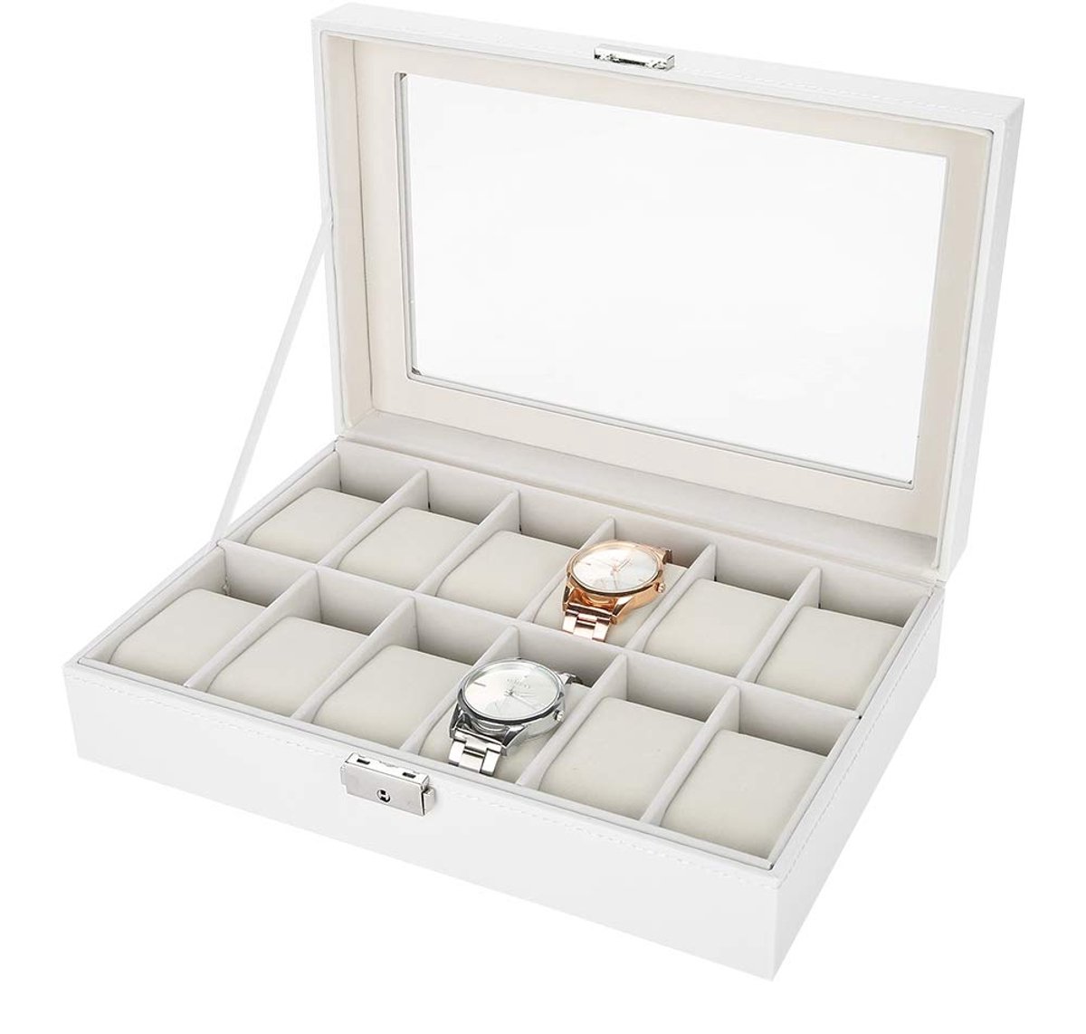 uhrenvitrine Uhrenvitrine Horlogebox Organizer Case 12 Rasters PU Lederen Horloge Display Case Organizer voor Mannen en Vrouwen, Horlogebox Organizer Display Cases met Glazen Bovenkant, Wit
