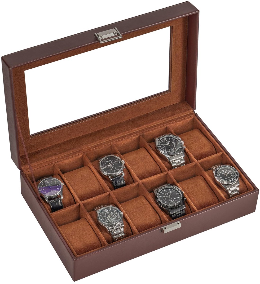 ProCase Horlogebox met 12 vakken, Horlogekast met glazen deksel, Horlogekast met horlogekussentje, Horloge opbergruimte, Premium Horlogebox, PU leren horlogekast, Horlogebox voor heren - 12 vakken, Bruin