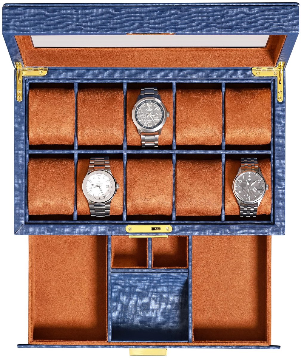 ROTHWELL leren horlogebox, 10 compartimenten, luxe horlogekast met lade, afsluitbare sieradenhorlogehouder met groot glazen deksel (blauw-lichtbruin)
