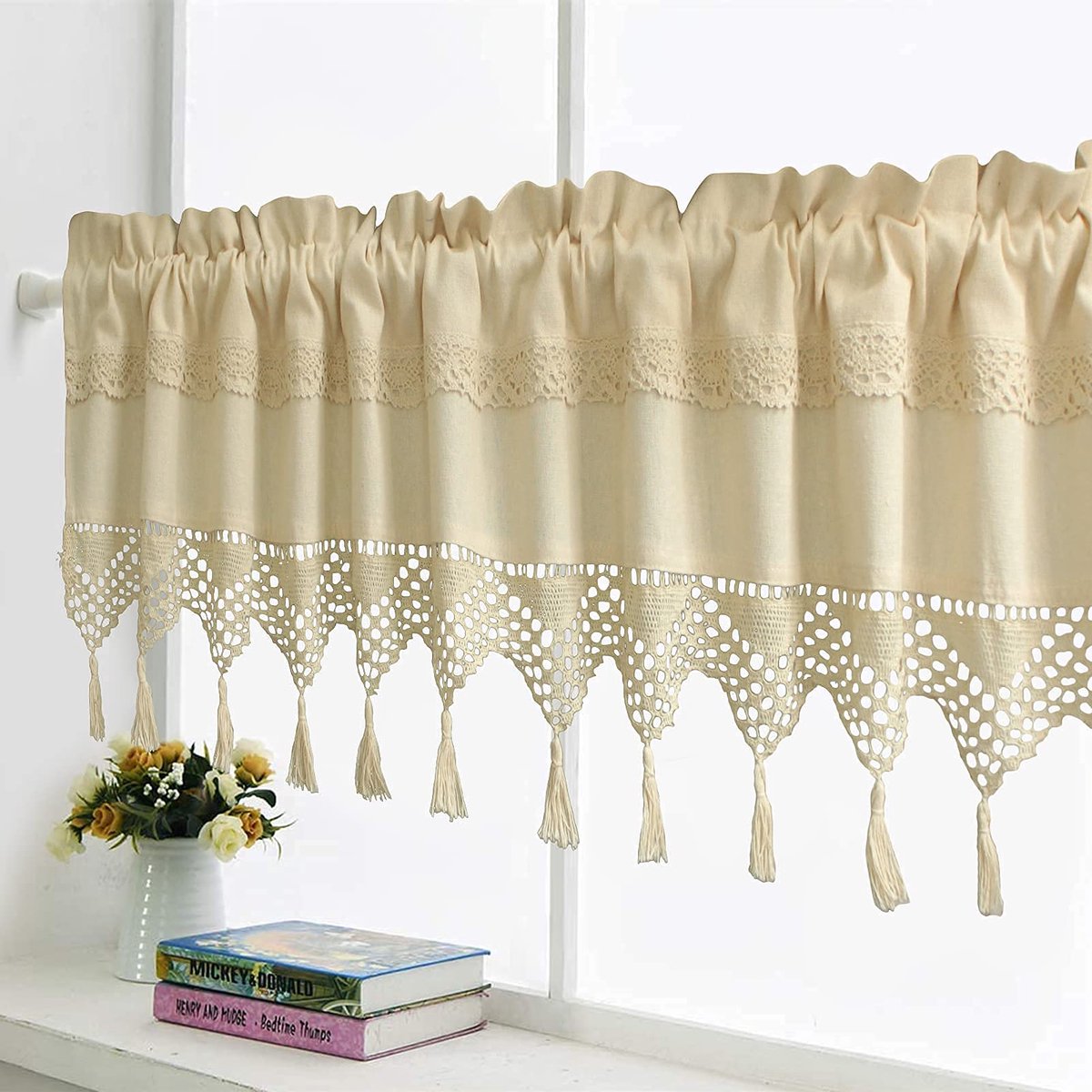 Ibenzoa Kort Beige Katoenen Linnen Bistro Gordijn met Kwastjes voor Keuken en Eetkamer, 45x150 cm