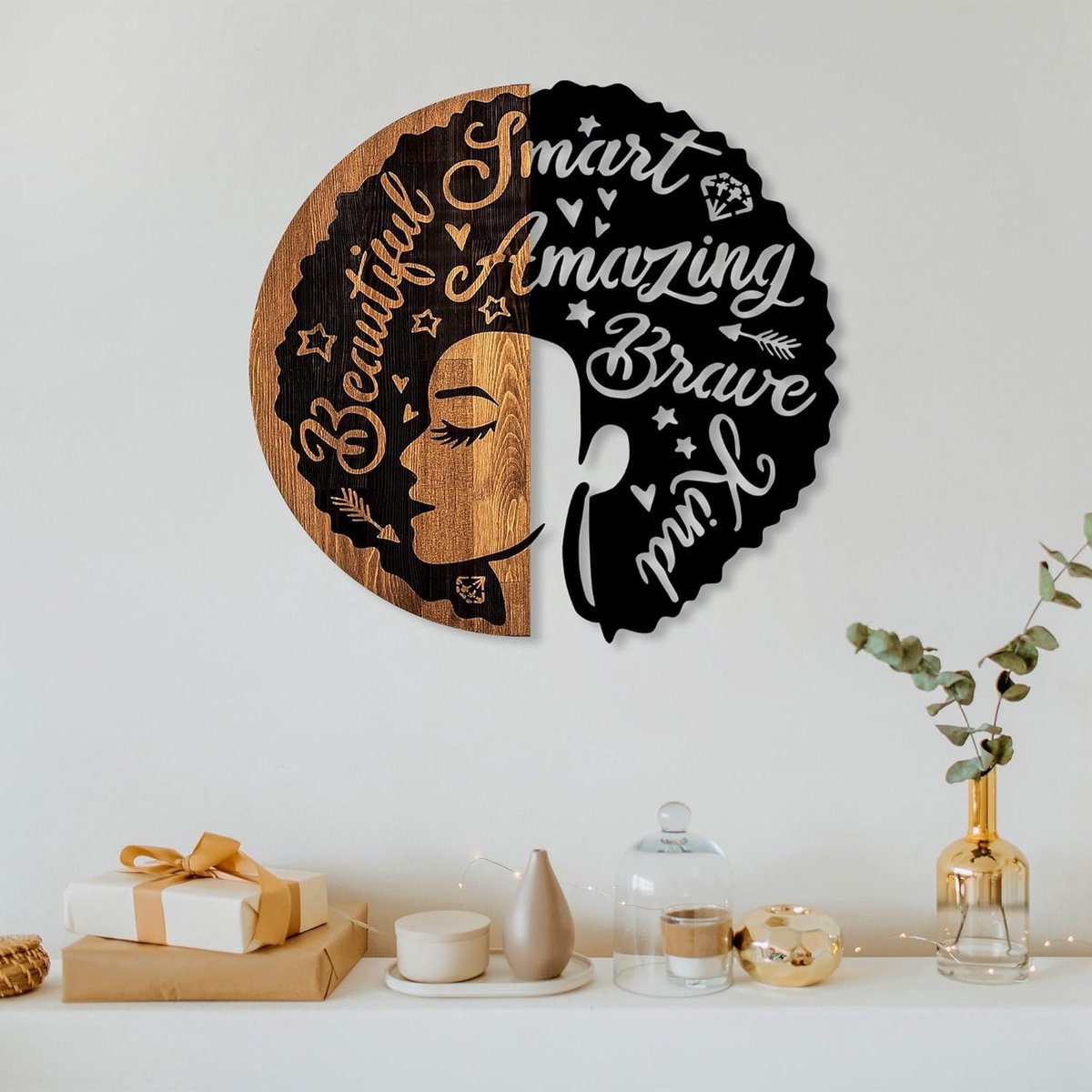 Decoratief wandaccessoire - uniek ontwerp - 1 stuk - hout en metaal - 56 x 59 cm