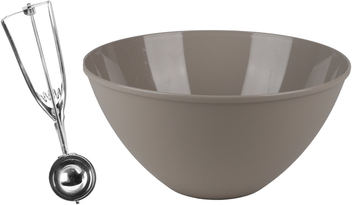 Urban Living Oliebollen bakken set - Beslagkom van 5 liter - beige - kunststof - met ijsbollen lepel van 23 cm
