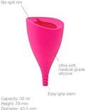 Lily Cup™ rose vif avec spécifications: silicone ultra-doux, tige facile à saisir.