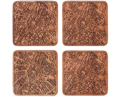 Brusselse onderzetters met kaart van Sapele hout, 4 stuks, met stadskaart, meerdere steden optioneel, handgemaakt