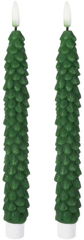 Décoratif | Coffret de 2 bougies 'Sapin de Noël', vertes, LED, 3x3x25cm | A255946