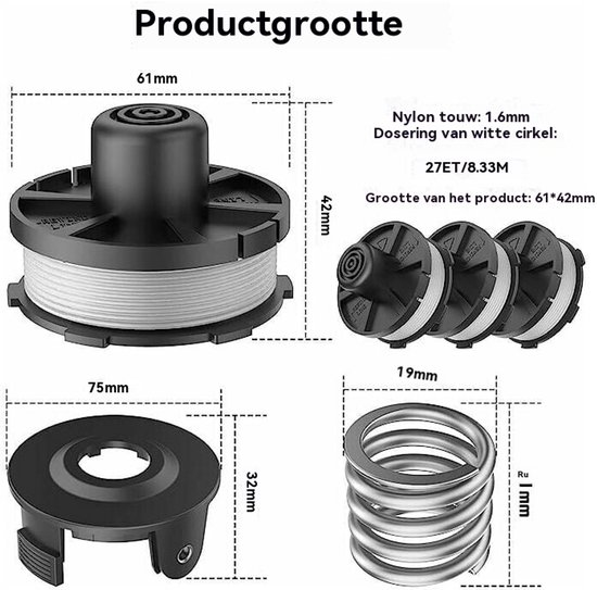 Vervangspoelen voor Grastrimmer - Geschikt voor DUR181, DUR141, DUR180Z, DUR181Z - 3 Spoelen + 1 Deksel + 1 Veer - Voor Grasmaaier en Tuingereedschap van Merkloos	 — afbeelding 3