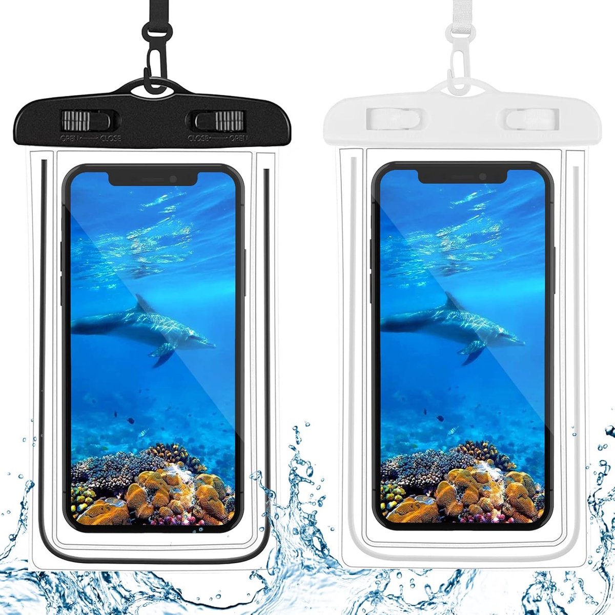 2 Stuks Waterdichte Telefoonhoes - 18*10,5 cm groot telefoonhoesje - met veiligheidsslot - hoge antislip voor touchscreen - waterdichte telefoonhoes voor de meeste telefoons - zwart + wit