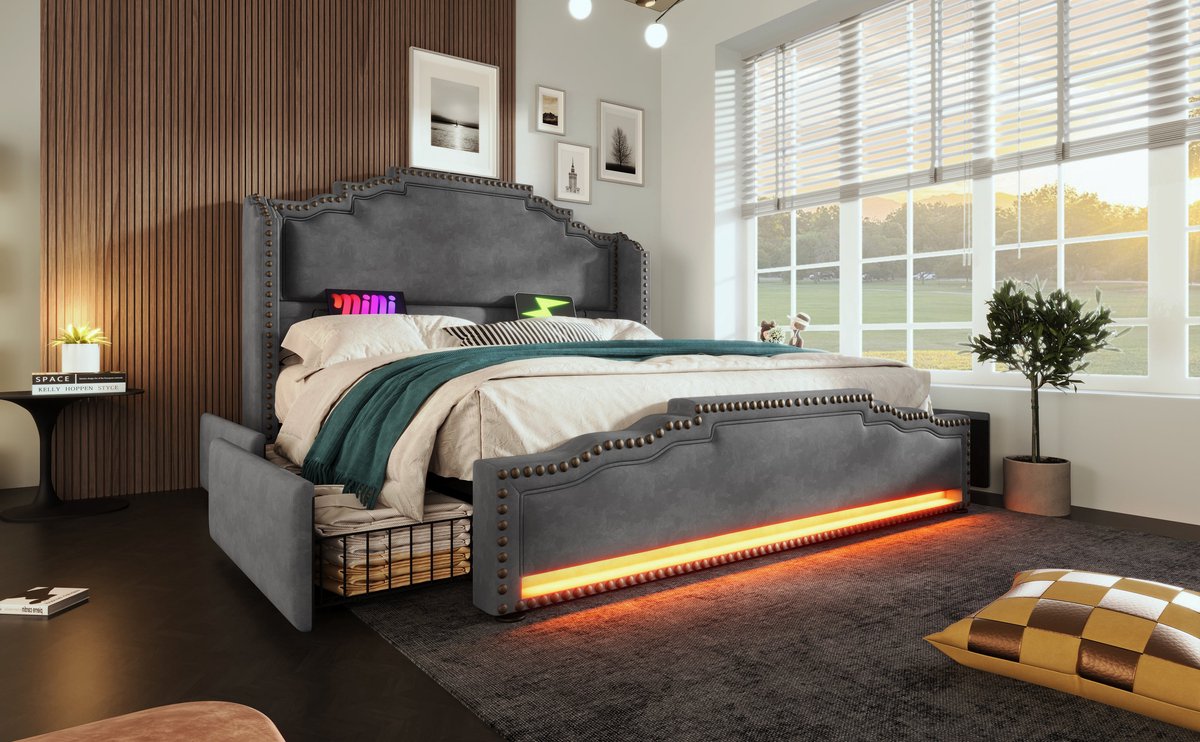 Merax Queensize Bed 160x200 met Matras en 4 Lades – Grijs Fluweel – Tweepersoonsbed met Verlichting en USB-C