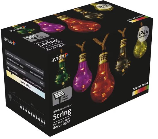 Avide Lichtsnoer 5 Meter Op Zonne Energie - Buiten - 10 Gekleurde Lichtbollen + 50 Micro Led Lampjes - Gekleurd Licht