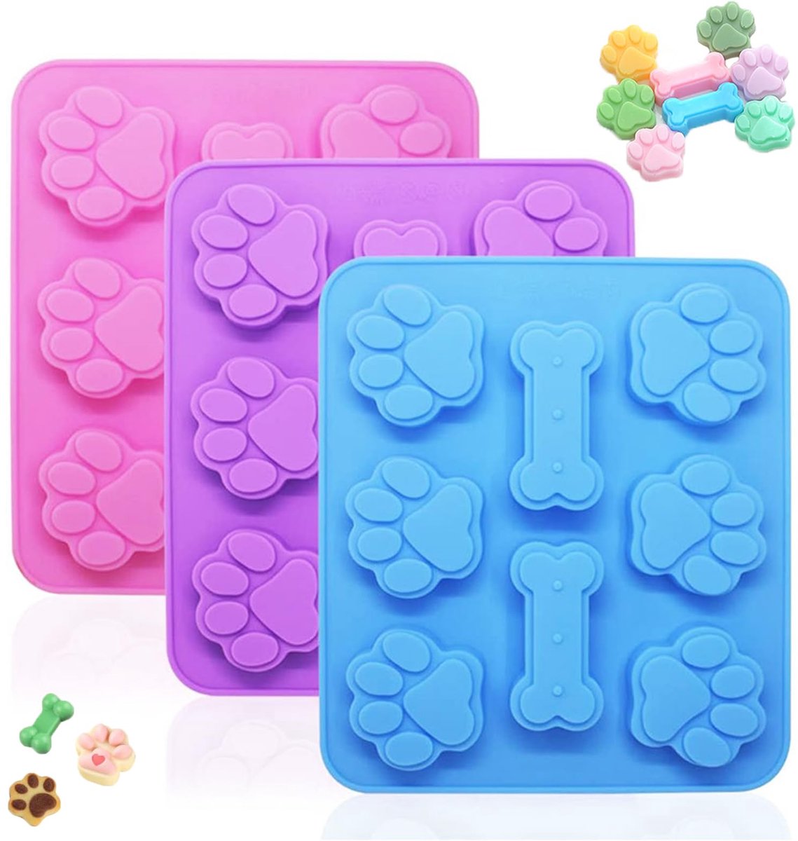 Ibenzoa® 3-delige set siliconen vormen voor hondenkoekjes en ijs met poot- en botdesign
