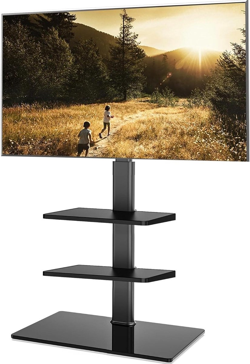 TV Stand Floor for 32-43 55 60 Inch TV - 70° Swivel & 8 Height Adjustable with Shelf - Max VESA 600x400mm, Black