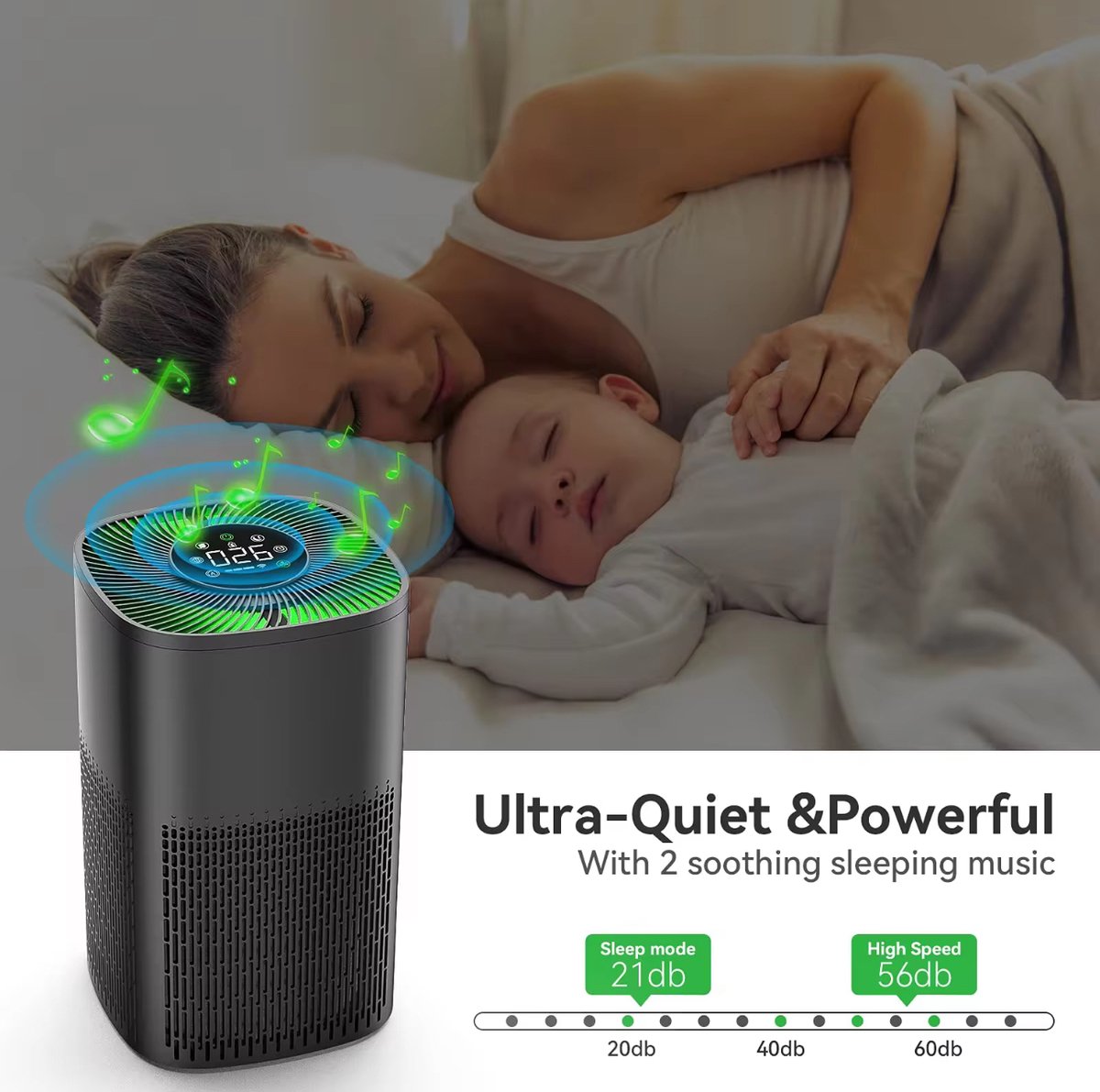 Smart Air Purifier DN-905 - Luchtreiniger met HEPA-filter - Voor Baby & Slaapkamer - Stil (≤ 65 dB) - App & Afstandsbediening - 36 m² Dekking - Zwart — afbeelding 5