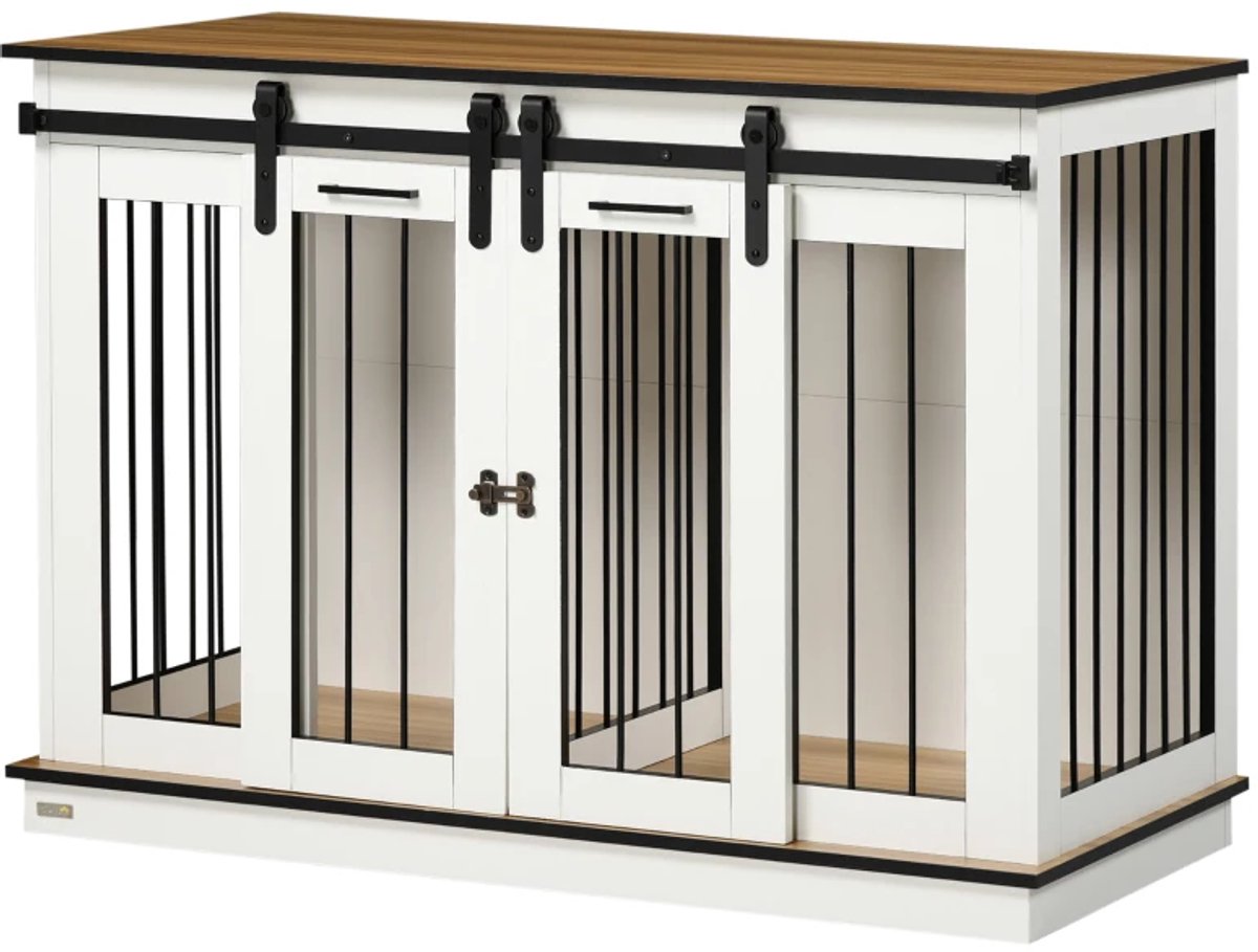 Bench met 2 deuren rustiek ontwerp, Wit 120L x 60W x 88.5Hcm Hondenbench