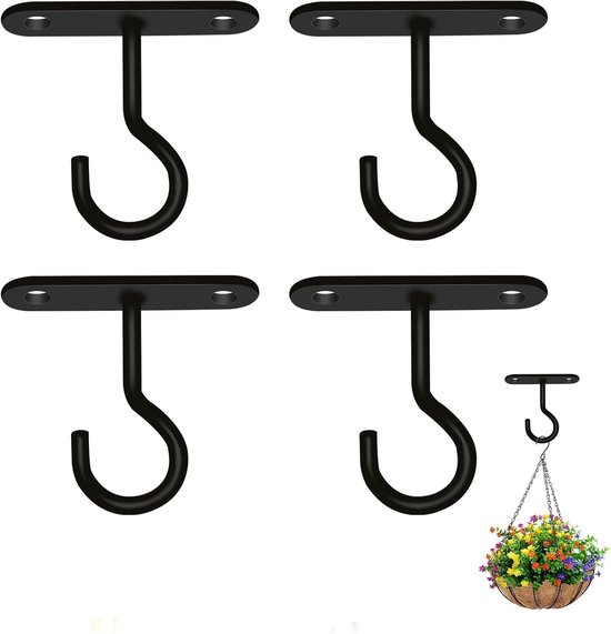 4-pack - Wandhaken - Plafondhaken voor hangplanten - plantenhanger voor binnen - voor het ophangen van lantaarns, voederbak, bloemenmand, binnen- en buitenhuisdecoratie - zwart