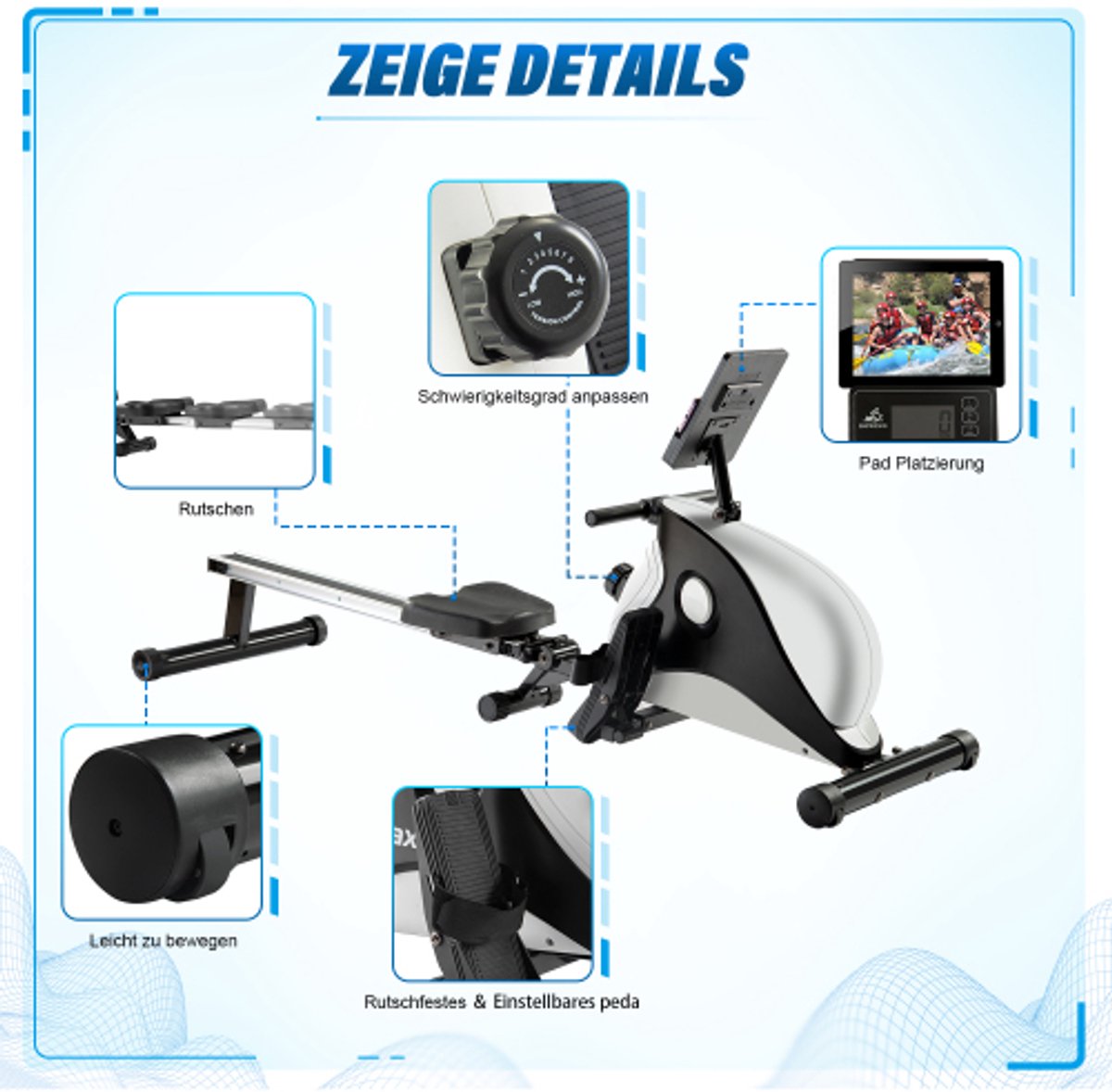 Afbeelding 3 van Magnetische roeimachine Indoor opvouwbare roeimachine met magnetisch remsysteem, LCD-scherm en 8-traps weerstandsaanpassing fitnessapparaat (exclusief PAD)