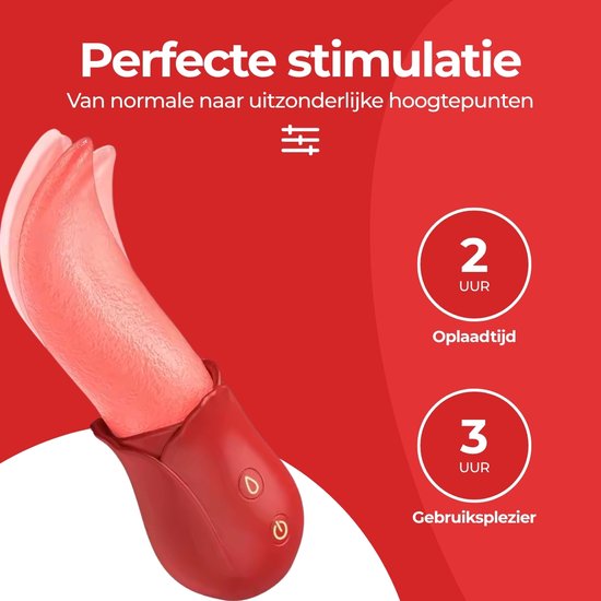 Een rode vibrator met flexibele tong, naast tekst die 2 uur oplaadtijd en 3 uur gebruiksplezier aangeeft.