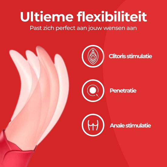 Een rode vibrator met een flexibele tong, toont iconen voor clitoris-, penetratie- en anale stimulatie.