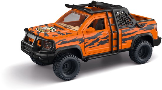 Oranje speelgoed pick-up truck met tijgerstrepen, imperiaal en off-road banden.