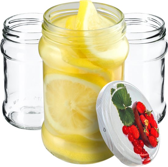 KADAX Kleine inmaakpotten, 315 ml, diameter 66 mm, potten voor honing, jampotten met deksel, luchtdichte, ronde potten (aardbeien, 10 stuks)