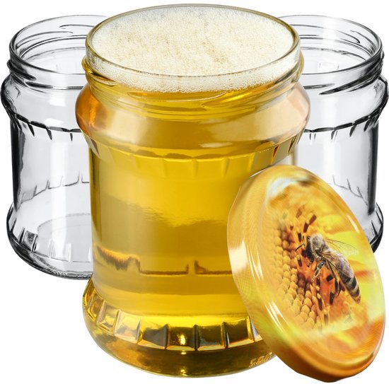 KADAX Weckpot, 500 ml, bewaarpotten met schroefdeksel, inmaakpotten, jamglas, voorraadpot, conservenglas, ronde glazen (bijen/8 stuks)