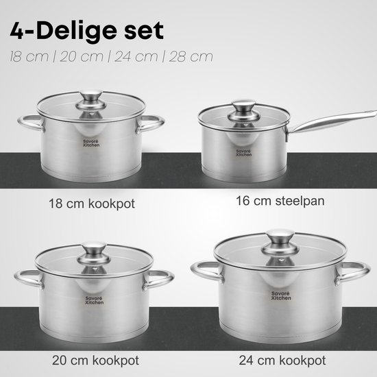 Savoré Kitchen 8-delige Pannenset - RVS Kookpannen met Glazen Deksel - Inductie Pannen Savoré Kitchen 8-delige Pannenset - RVS Kookpannen met Glazen Deksel - Inductie Pannen