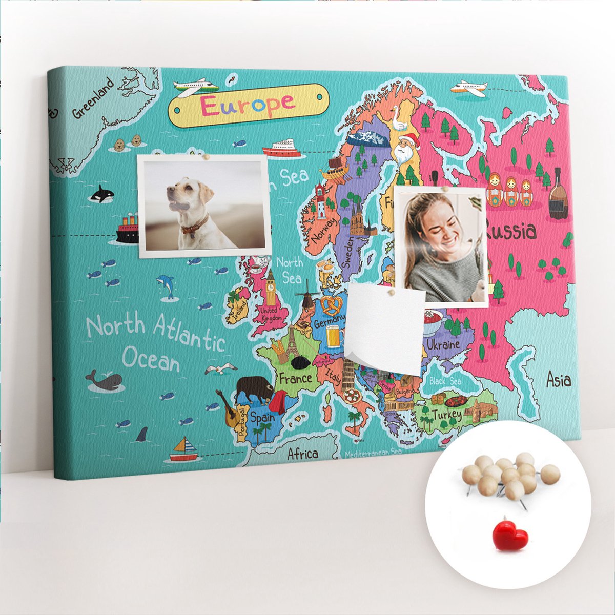 Tulup Prikbord - Kaart van Europa Prikbord Van Kurk - 60 cm x 40 cm - Veelkleurig Prikbord - Houten Pinnen - Memobord Van Kurk - Kurkbord Voor Kantoor - Kurkbord - Decoratief Kurkbord - Kurk Prikbord Canvas