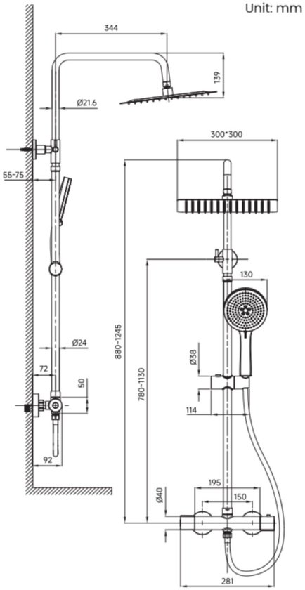 DERW Max Regendouche met Thermostaatkraan - Doucheset Zwart - Regendoucheset - Inclusief thermostaatkraan en planchet Zwart - 12 inch Douchekop