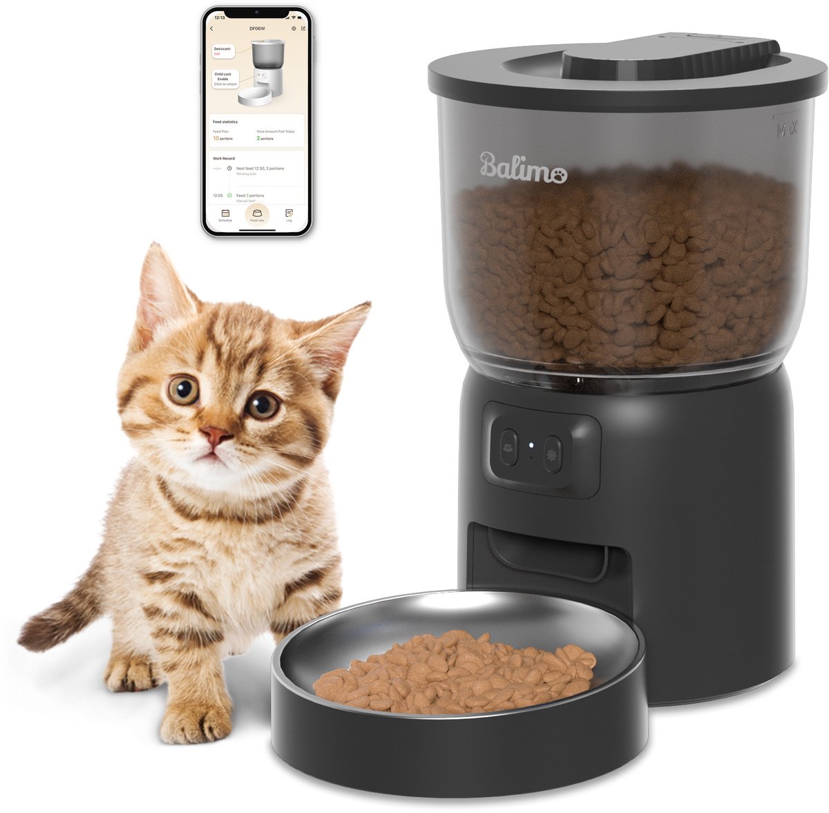 Balimo Automatische Voerbak - Kat & Hond - Voerautomaat Met App - Voerbak hond - Smartphone Besturing - Voerinhoud 3 L - Voor Katten- en Hondenvoer - Droogvoer - WiFi - Automatische voerbak kat - Zwart - Balimo - €38,00