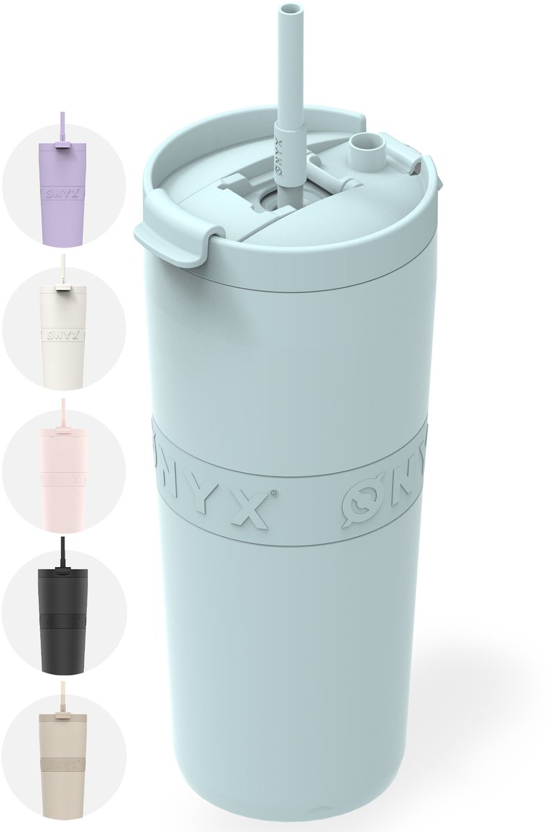 ONYX Drinkfles met Rietje 700ML - Waterfles voor Kinderen & Volwassenen - Thermosbeker RVS Travel Mug - Motiverende Drinkbus - Drinkbeker voor School - Pastel Blue