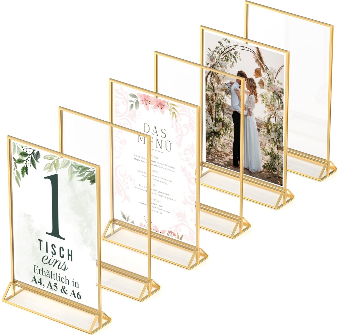 Dubbelzijdige fotolijst van goudkleurig acryl - 6-pack - A4 gouden plaatskaarthouder, standaard in ezelstijl, gouden lijst voor bruiloftsnummers, menukaarthouder, fotolijst (A4)