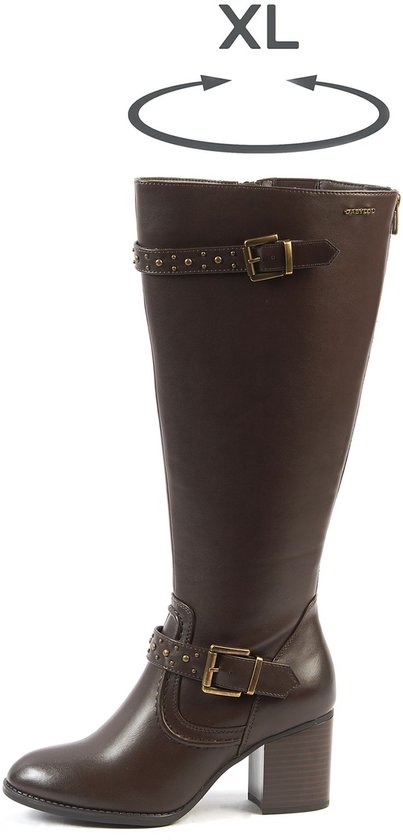 Bruine hoge laars met gespen, gespdetails op de enkelband en XL-aanduiding.