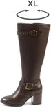 Bruine hoge laars met gespen, gespdetails op de enkelband en XL-aanduiding.