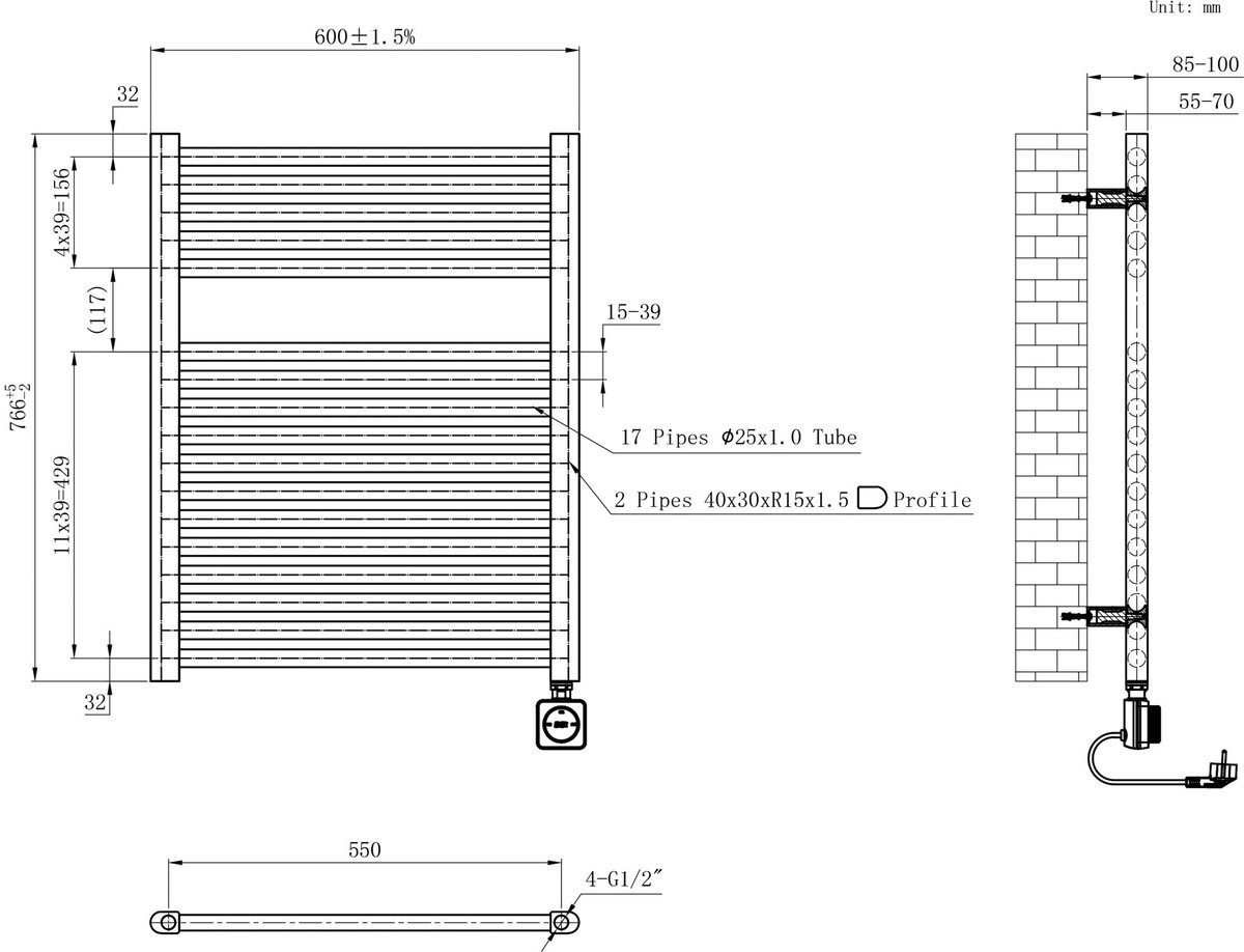 AquaVik Elektrische Radiator Värme Smart WiFi 76,6x60cm Nattmörk Mat Zwart