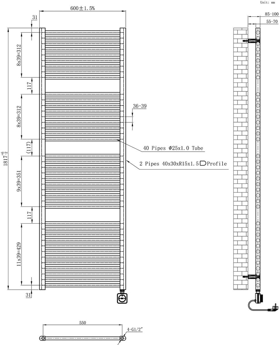 AquaVik Elektrische Radiator Värme Smart WiFi 181,7x60cm Aska Gunmetal