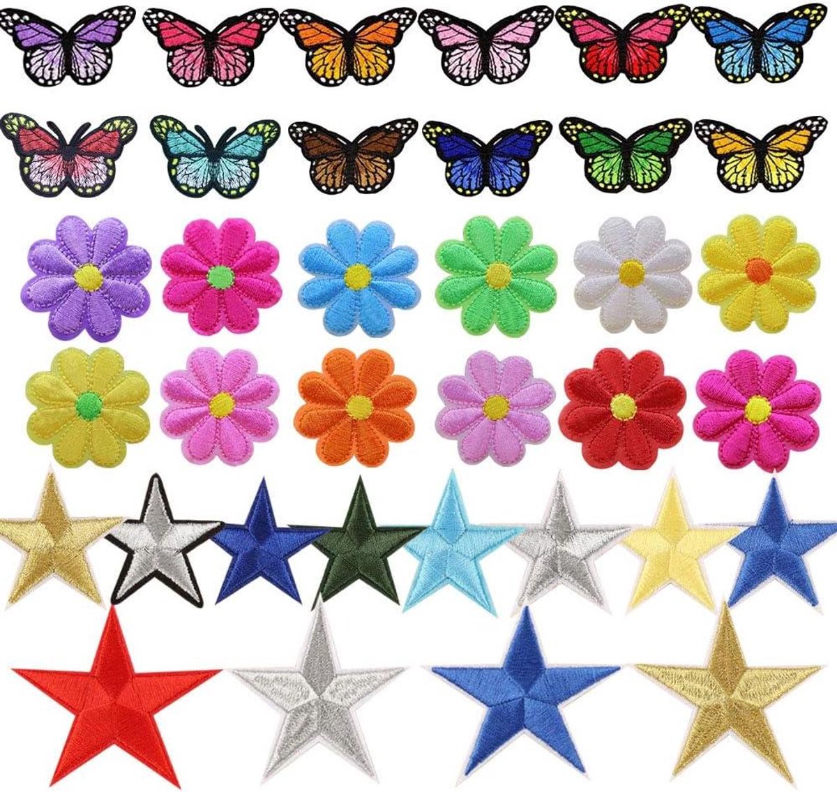 Inovra Plus - Strijkpatches 36 stuks zelfklevend en om op te naaien, set bloemen vlinders sterren applicaties voor jeans hoed DIY - Decoratieve Patches voor Kleding opstrijken