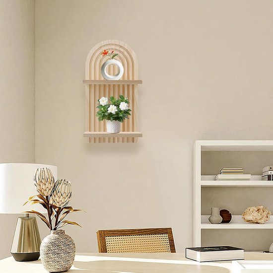 Zwevende wandplank van hout, decoratieve geometrische houten planken, uniek eiken hangend display, klein notenhouten rek - België