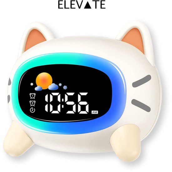 ELEVATE Slaaptrainer Kind – Wekker Kinderen met Nachtlampje & Geluiden – Digitale Slaapwekker Peuter – Kat Design – Oplaadbaar via USB-C